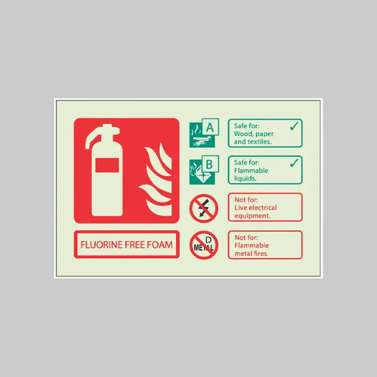 31469E Fluorine Free Foam extinguisher identification Photoluminescent Rigid (200x150mm) Safety Sign