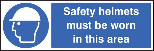 15016M Safety helmets must be worn in this area Rigid Plastic (600x200mm) Safety Sign