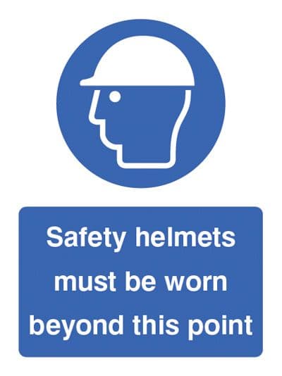 15018E Safety helmets must be worn beyond this point Rigid Plastic (200x150mm) Safety Sign