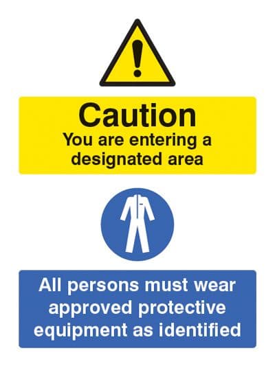 15217E Designated area all persons must wear approved PPE Rigid Plastic (200x150mm) Safety Sign
