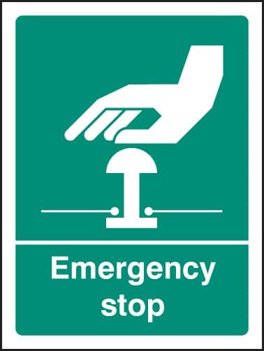 16055H Emergency stop (white/green) Rigid Plastic (300x250mm) Safety Sign