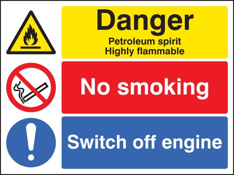 16201Q Petroleum spirit/no smoking/switch off engine Rigid Plastic (600x450mm) Safety Sign