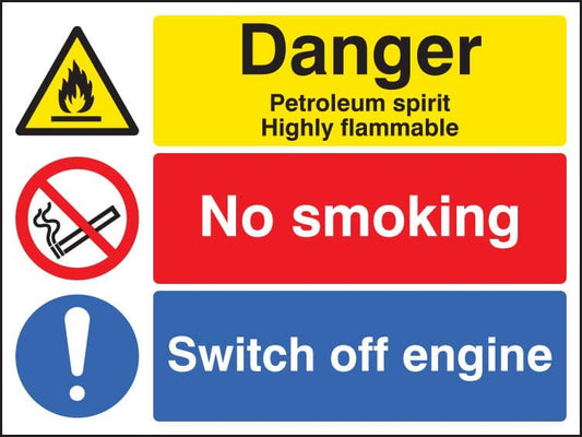 16201Q Petroleum spirit/no smoking/switch off engine Rigid Plastic (600x450mm) Safety Sign