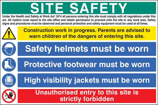 16447W Site safety - hard hat, vest and boots Rigid Plastic (900x600mm) Safety Sign