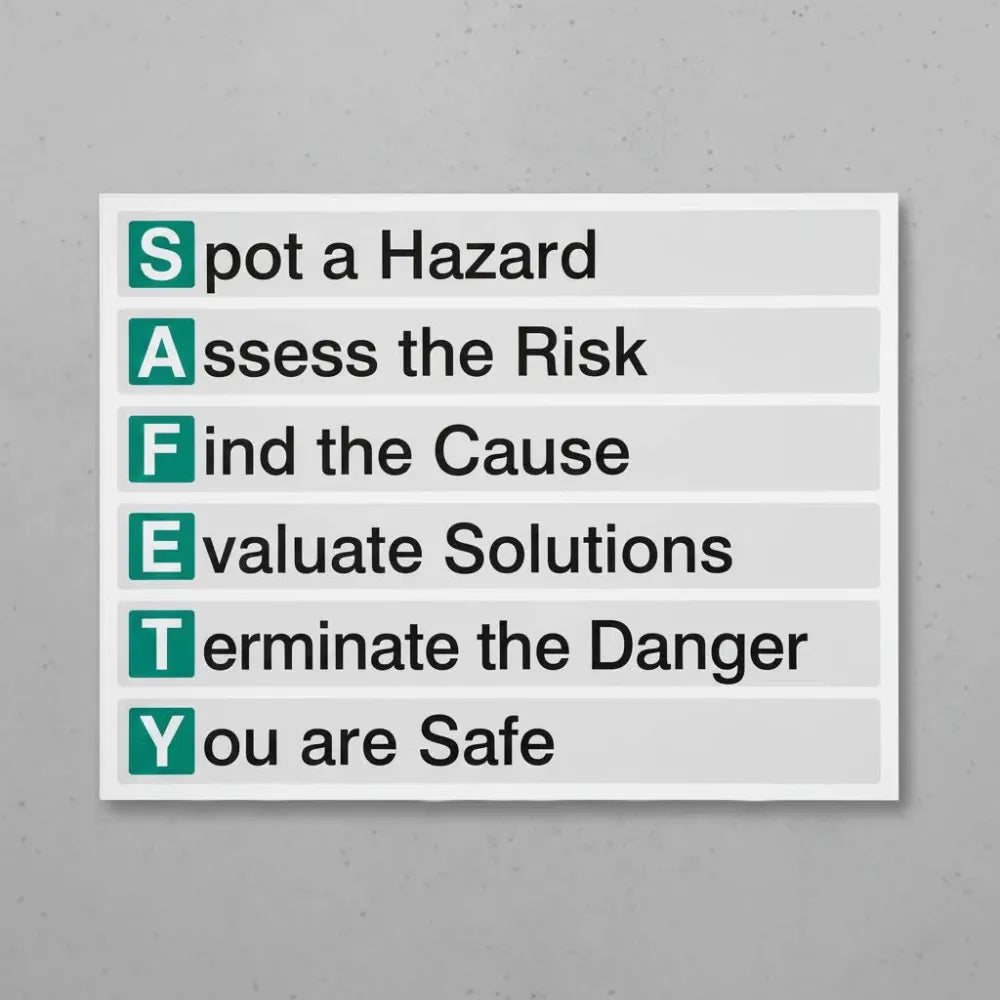 11749Q Spot a hazard, Assess the risk, Find the cause, Evaluate solutions, Terminate the danger, etc... Rigid Plastic (600x450mm) Safety Sign
