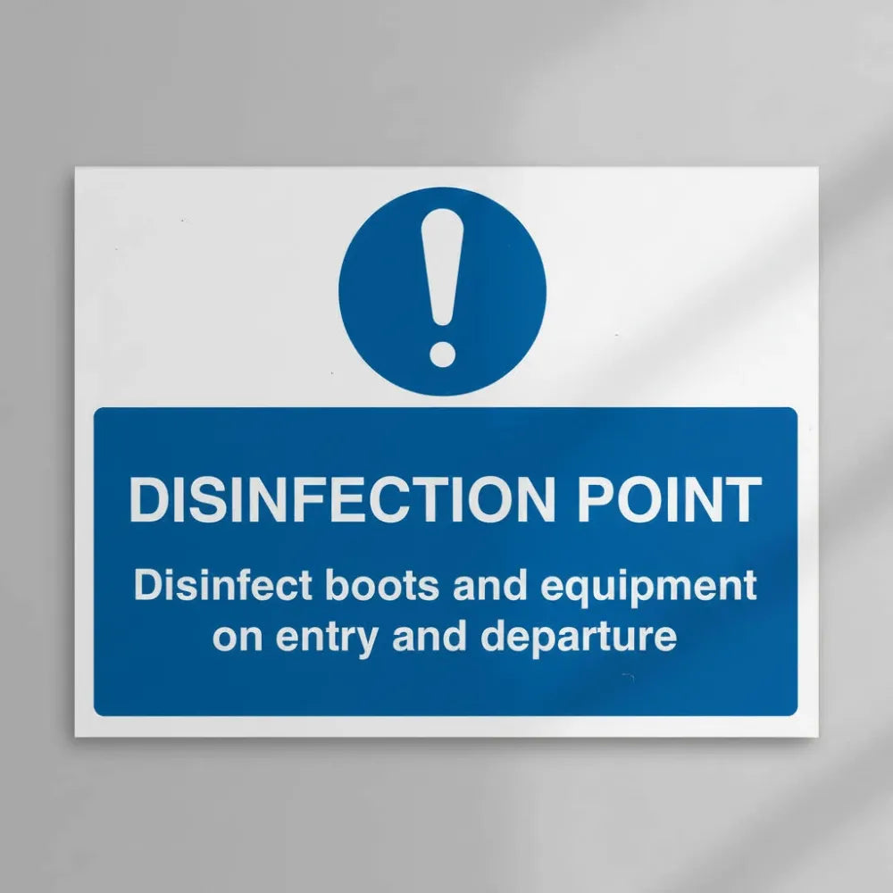 11782W Disinfection point Disinfect boots and equipment on entry and departure Rigid Plastic (900x600mm) Safety Sign