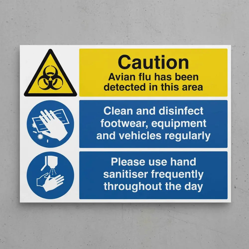 11783Q Caution Avian flu has been detected in this area Multi-message clean and disinfect, use hand sanitiser Rigid Plastic (600x450mm) Safety Sign