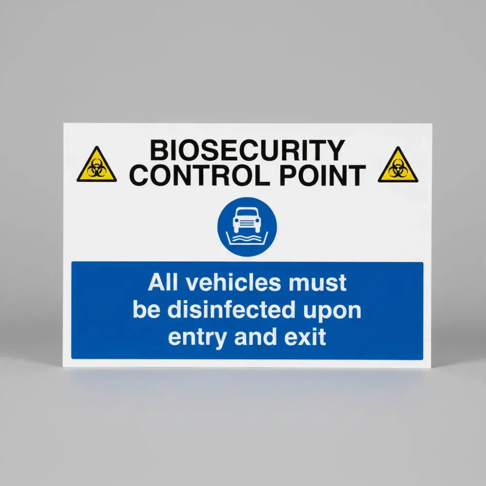 11784Q Biosecurity control point All vehicles must be disinfected upon entry and exit Rigid Plastic (600x450mm) Safety Sign