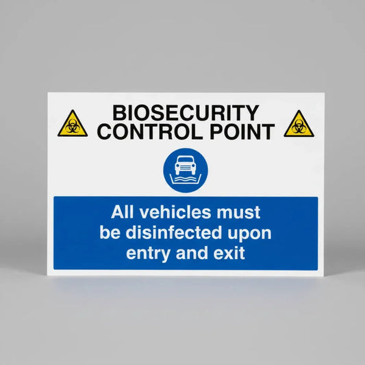 11784Q Biosecurity control point All vehicles must be disinfected upon entry and exit Rigid Plastic (600x450mm) Safety Sign