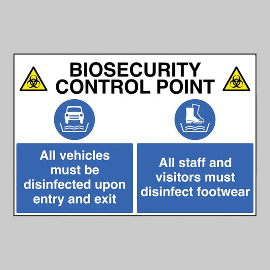 11786W Biosecurity control point All vehicles and footwear must be disinfected Rigid Plastic (900x600mm) Safety Sign
