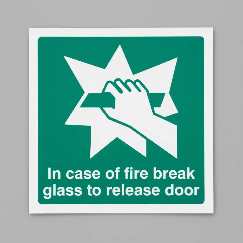 In case of fire break glass to release door