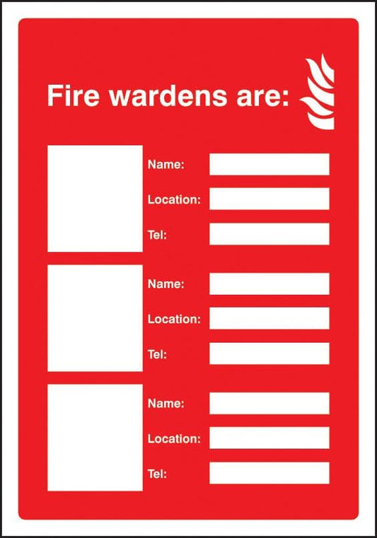 21053H Fire wardens are (3 names, locations & numbers) Self Adhesive Vinyl (300x250mm) Safety Sign