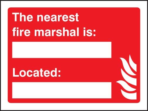 21063E The nearest fire marshal is Self Adhesive Vinyl (200x150mm) Safety Sign