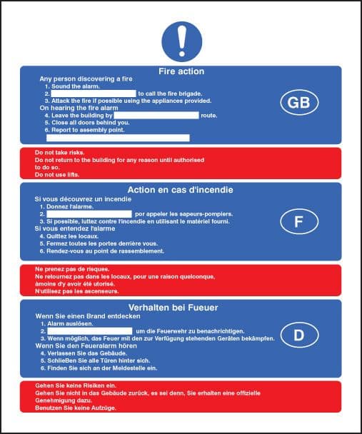 21424H Multi-lingual fire action Self Adhesive Vinyl (300x250mm) Safety Sign