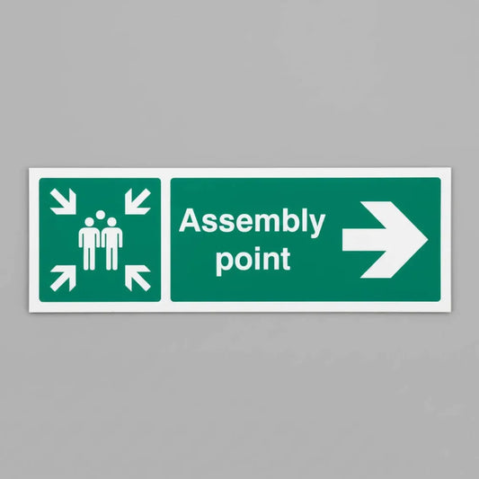 82143Y Assembly point right Quick-Fix Rigid PVC with SAV Backing (200x300mm) Safety Sign