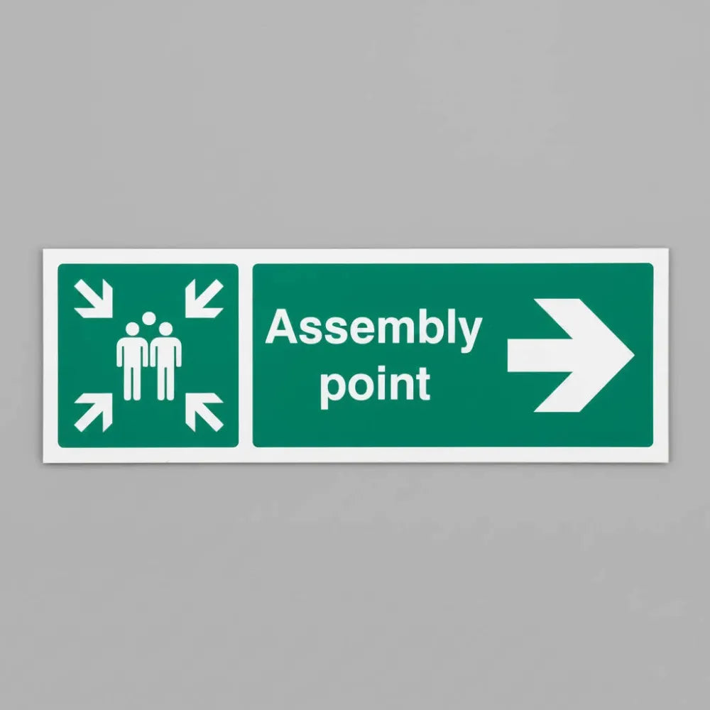 12143Y Assembly point right Rigid Plastic (200x300mm) Safety Sign
