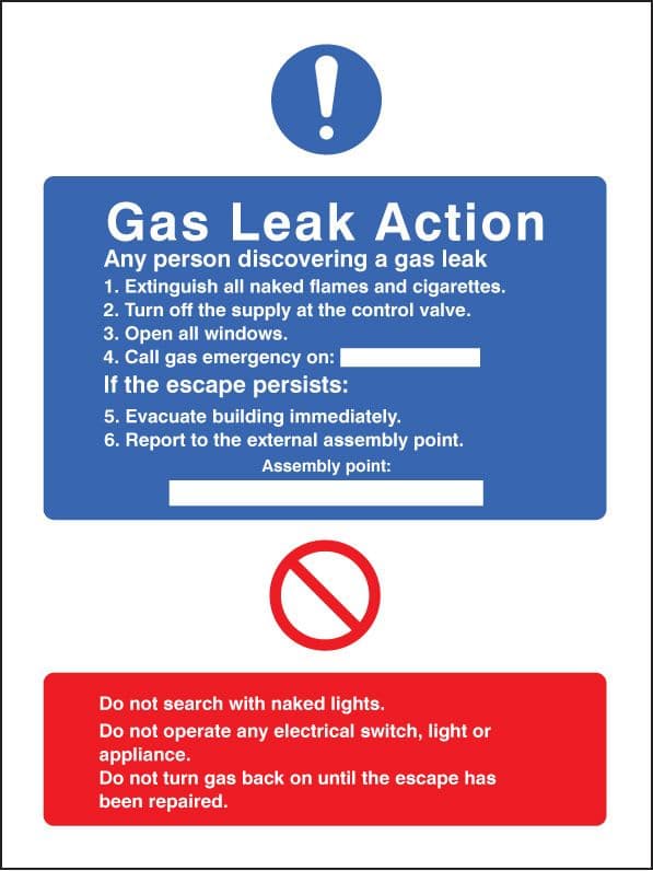 21431E Gas leak action Self Adhesive Vinyl (200x150mm) Safety Sign