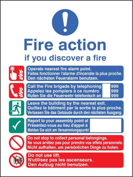 21436E Multi-lingual fire action manual lift Self Adhesive Vinyl (200x150mm) Safety Sign