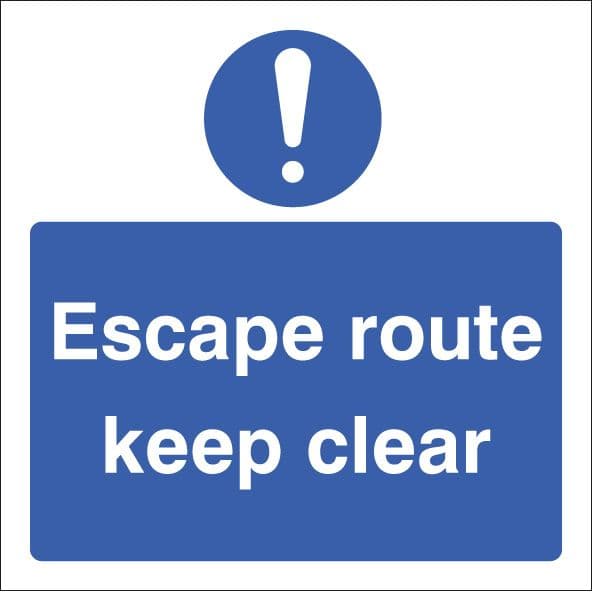 21649F Escape route keep clear ! Self Adhesive Vinyl (200x200mm) Safety Sign