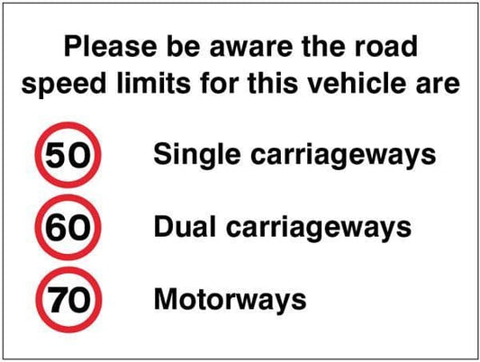 21809E Please be aware the road speed limits for this vehicle are 50,60,70mph Safety Sign