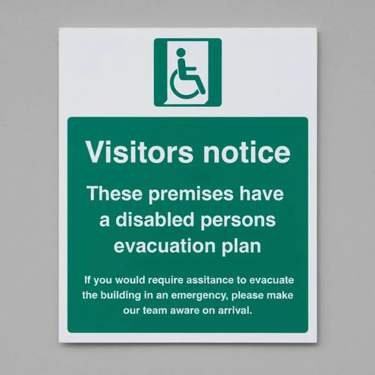 12182Y Notice to visitors: Disabled persons evacuation plan Rigid Plastic (200x300mm) Safety Sign