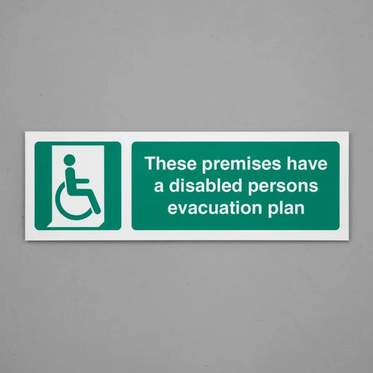 12183G These premises have a disabled persons evacuation plan (semi rigid pvc safety sign) Rigid Plastic (300x100mm) Safety Sign