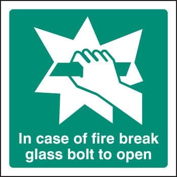 22043F In event of fire break glass bolt for key Self Adhesive Vinyl (200x200mm) Safety Sign