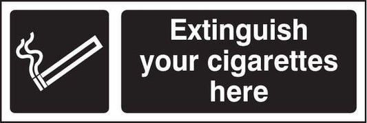 23253G Extinguish your cigarettes here (white/black) Self Adhesive Vinyl (300x100mm) Safety Sign