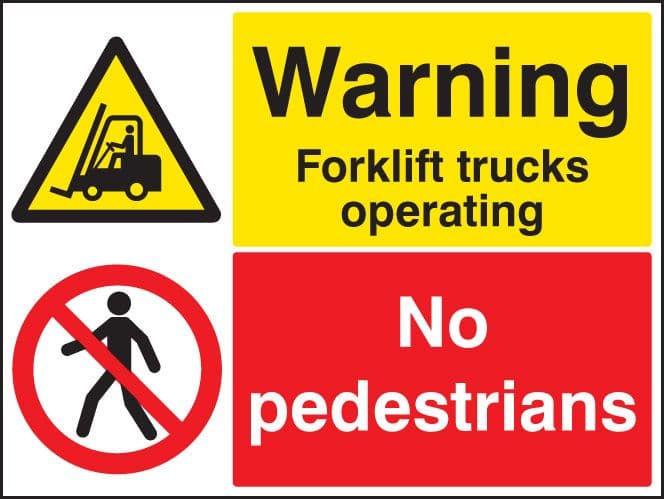 24033Q Warning forklift trucks operating no pedestrians Self Adhesive Vinyl (600x450mm) Safety Sign