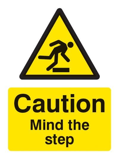 24209E Caution mind the step Self Adhesive Vinyl (200x150mm) Safety Sign