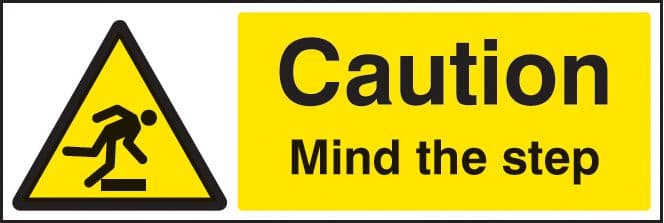 24209M Caution mind the step Self Adhesive Vinyl (600x200mm) Safety Sign