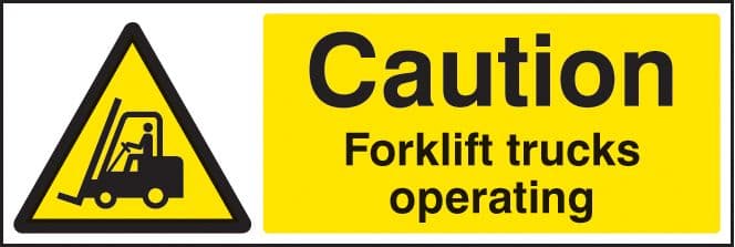 24215M Caution forklift trucks operating Self Adhesive Vinyl (600x200mm) Safety Sign