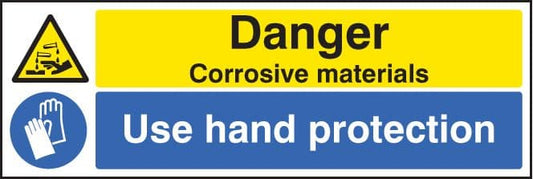 24267G Danger corrosive materials use hand protection Self Adhesive Vinyl (300x100mm) Safety Sign