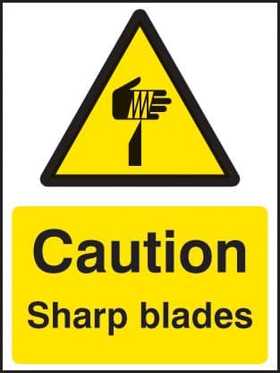 24284E Caution sharp blades Self Adhesive Vinyl (200x150mm) Safety Sign