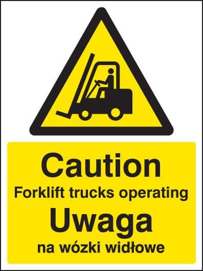 24298K Caution forklift trucks operating (English/polish) Self Adhesive Vinyl (400x300mm)