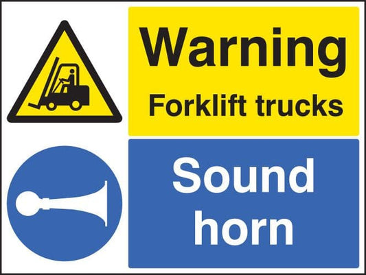 24528Q Warning forklift trucks sound horn Self Adhesive Vinyl (600x450mm) Safety Sign