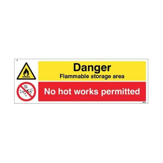 24562M Danger Flammable storage area No hot works permitted sign - Self Adhesive Vinyl (600x200mm)