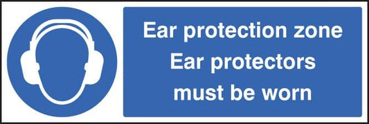 25013G Ear protection zone ear protectors must be worn Self Adhesive Vinyl (300x100mm) Safety Sign