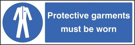 25212M Protective garments must be worn Self Adhesive Vinyl (600x200mm) Safety Sign