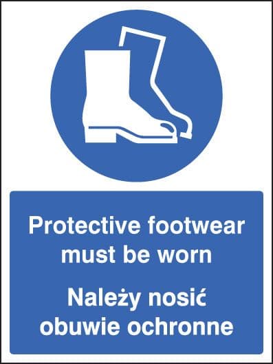 25249E Protective footwear must be worn (English/polish) Self Adhesive Vinyl (200x150mm)Safety Sign