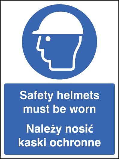 25250E Safety helmets must be worn (English/polish) Self Adhesive Vinyl (200x150mm) Safety Sign