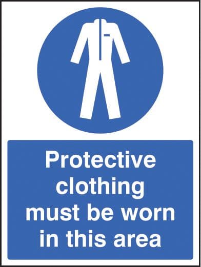 25603K Protective clothing must be worn in area Self Adhesive Vinyl (400x300mm) Safety Sign
