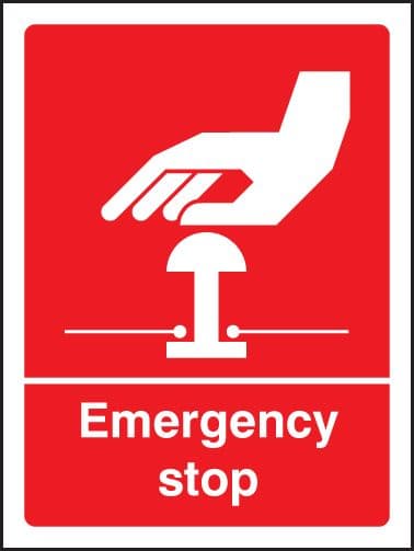 26005A Emergency stop (white/red) Self Adhesive Vinyl (100x75mm) Safety Sign