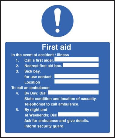 26020H First aid in the event of accident / illness Self Adhesive Vinyl (300x250mm) Safety Sign