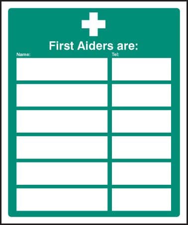 26022H First aiders are (space for 6) Self Adhesive Vinyl (300x250mm) Safety Sign