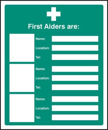 26023H First aiders are (space for 3) Self Adhesive Vinyl (300x250mm) Safety Sign