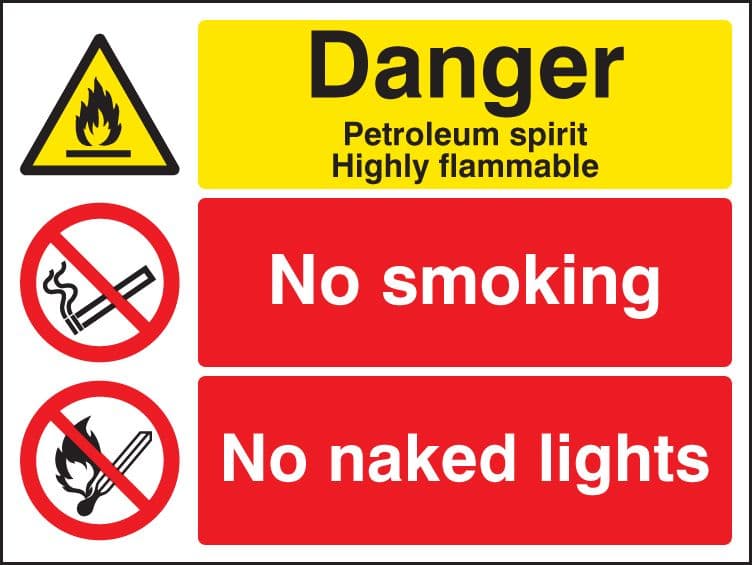 26202K Petroleum spirit no smoking no naked lights Self Adhesive Vinyl (400x300mm) Safety Sign