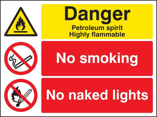 26202K Petroleum spirit no smoking no naked lights Self Adhesive Vinyl (400x300mm) Safety Sign