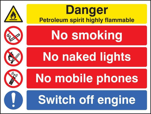 26228Q Petroleum spirit highly flammable/no smoking etc Self Adhesive Vinyl (600x450mm) Safety Sign