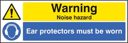 26251M Warning noise hazard ear protection must be worn Self Adhesive Vinyl (600x200mm) Safety Sign